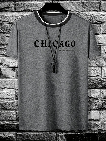 Men'S Minimalist Casual Stylish Trendy Comfortable Short-Sleeve T-Shirt with Chicago Letter Pattern Print for Summer, Breathable, Sweat-Absorbing, And Cool, Sweat-Resistant