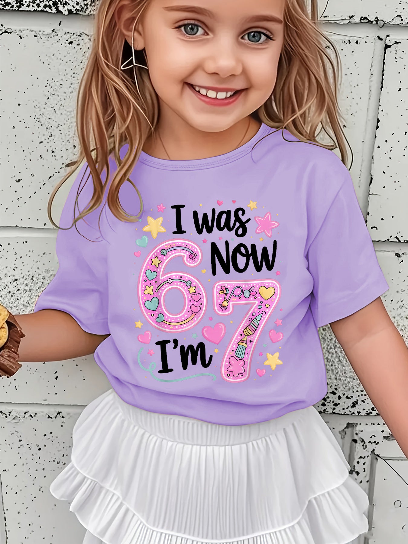 Girls' Summer Short Sleeve T-Shirt with "I WAS NOW" Lettering & Star/Heart Applique - Short Sleeve Round Neck Casual Blouse for, Casual Attire, Playdates & - Non- Summer Top NY-DX7704