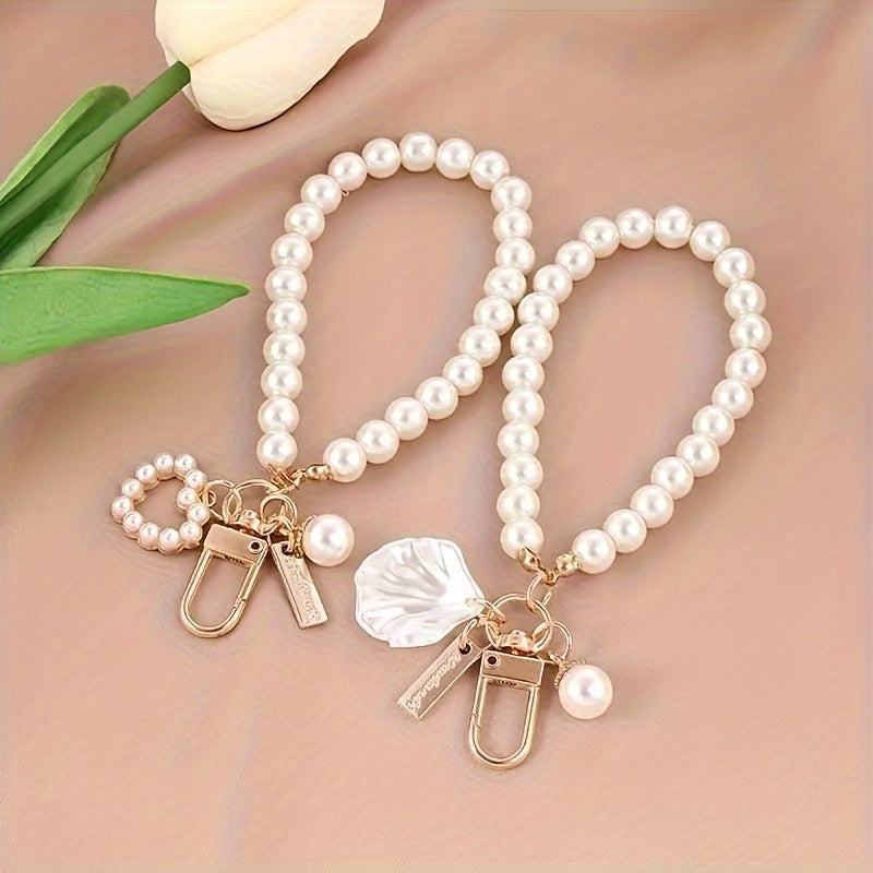 Creative Imitation Pearl Heart Bracelet Keychain Pendant with Shell Charm and Imitation Pearl Accessories, Trendy Small Ornament