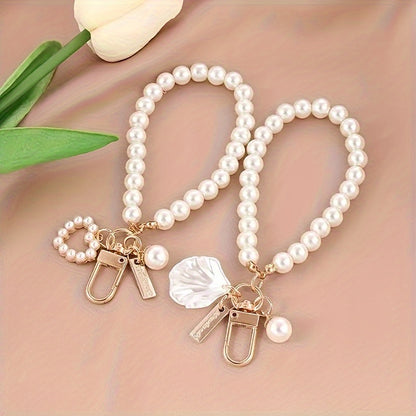 Creative Imitation Pearl Heart Bracelet Keychain Pendant with Shell Charm and Imitation Pearl Accessories, Trendy Small Ornament