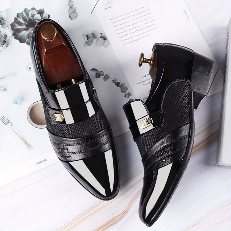 Men'S Plus Size Luxury Faux Dress Shoes - Black & White Contrast Design, Ankle Boots with Golden-Tone Buckle, Round Toe, Lace-Up Closure for Weddings, Parties, and Office Wear, Wedding Shoes, Party Footwear, Sophisticated Style, Durable Rubber Sole