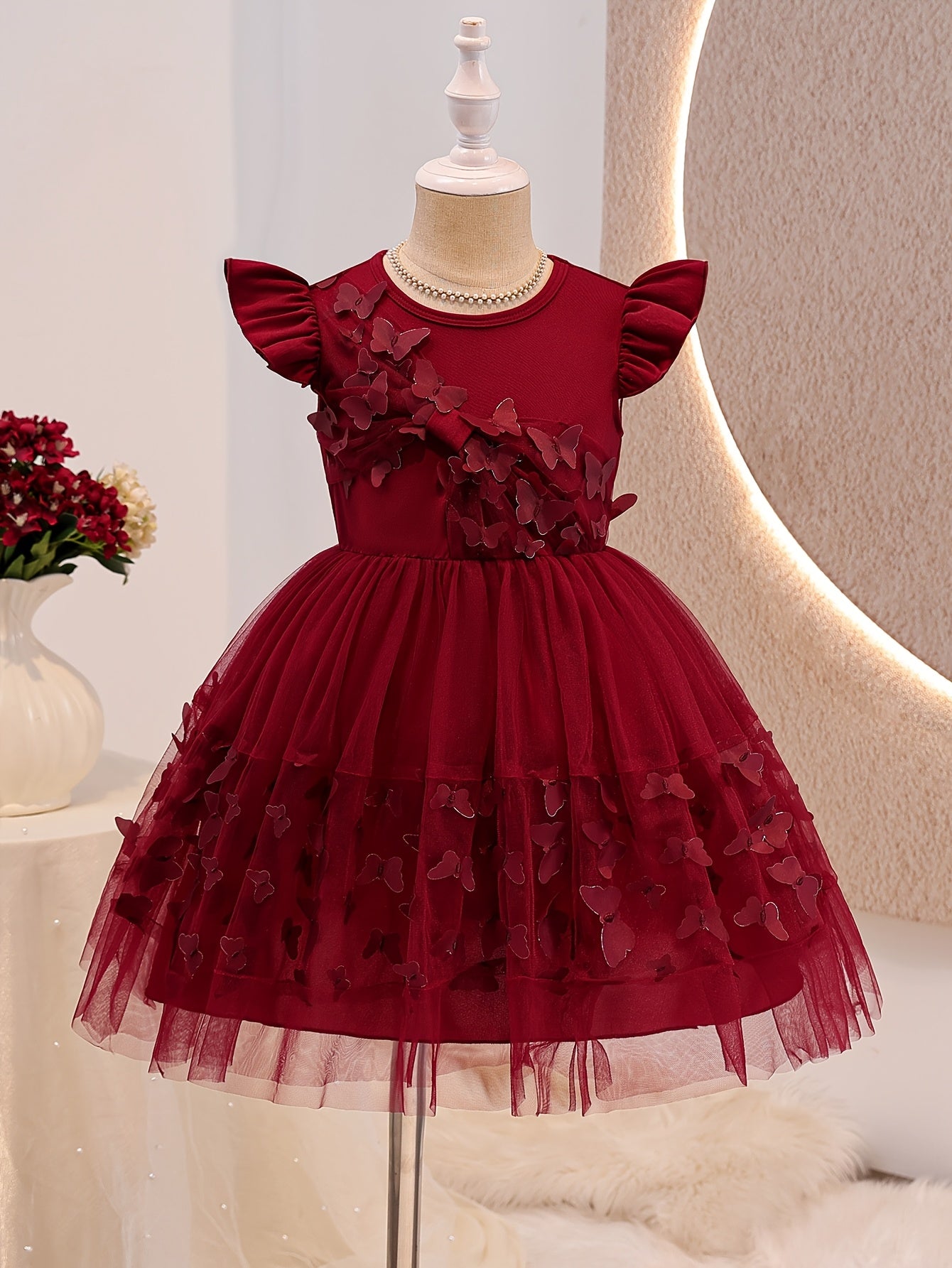 COVIVIKY Sweet and Adorable Fairy Princess Dress for Girls, with Ruffled Sleeves & 3D Butterfly Appliqué Embroidery on Tulle Tutu Skirt, Suitable for Children's Parties, Dance Gatherings, Performances, and Daily Wear