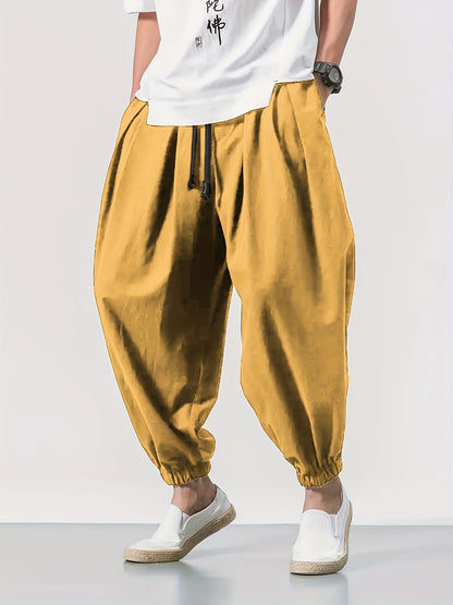 Men's Clothing, Men's Fashion Long Pants, Casual 100% Pure Material, Drawstring Hip-Hop Loose Pants, Outdoor