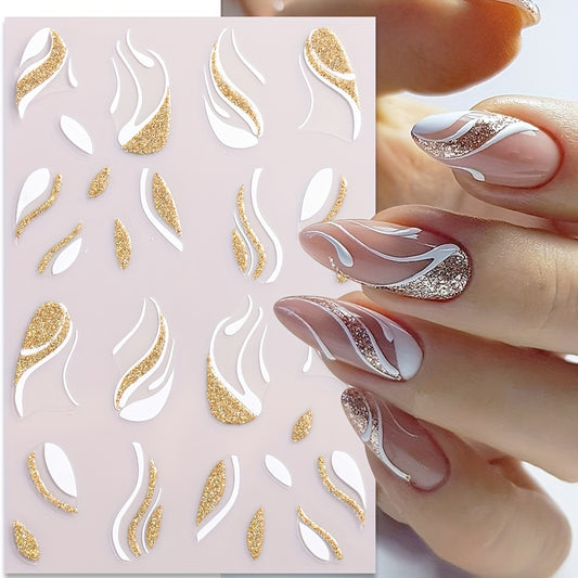 French Golden Silvery Glitter Ribbon Nail Stickers, Simple Nail Art Decals, Self-adhesive, Matte Finish, Unscented, Fantasy Theme, Irregular Shape, Paper Material, Single Use