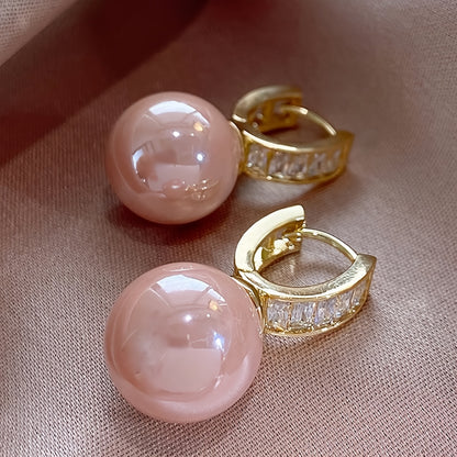 Copper Hoop Earrings with Pink Imitation Pearl Design, Elegant Simple Style for Women, Party Dating Jewelry