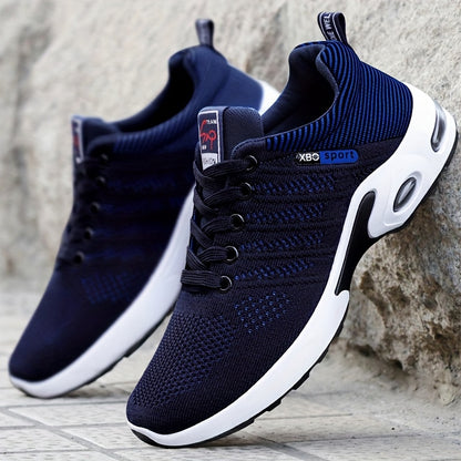 Breathable And Comfortable Men'S Sports Shoes, Featuring Stylish Woven Knit, Shock Absorption, Slip Resistance, Mid-Top Lacing, Suitable for All Four Seasons, Outdoor Sports, And Jogging