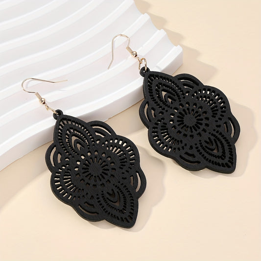 1 Pair Wood Lace Earrings with Delicate Wood Beads - Vintage Elegant Everyday Suitable for Daily Wear & Special Occasions, Year-Round Neutral Wood Grain