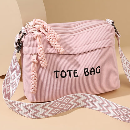 Fashion Corduroy Tote Bag with Letter Print, Multi-compartment Multiple Zippers Adjustable Strap, Ideal for Daily Use Shopping & Outings, Great Gift Option