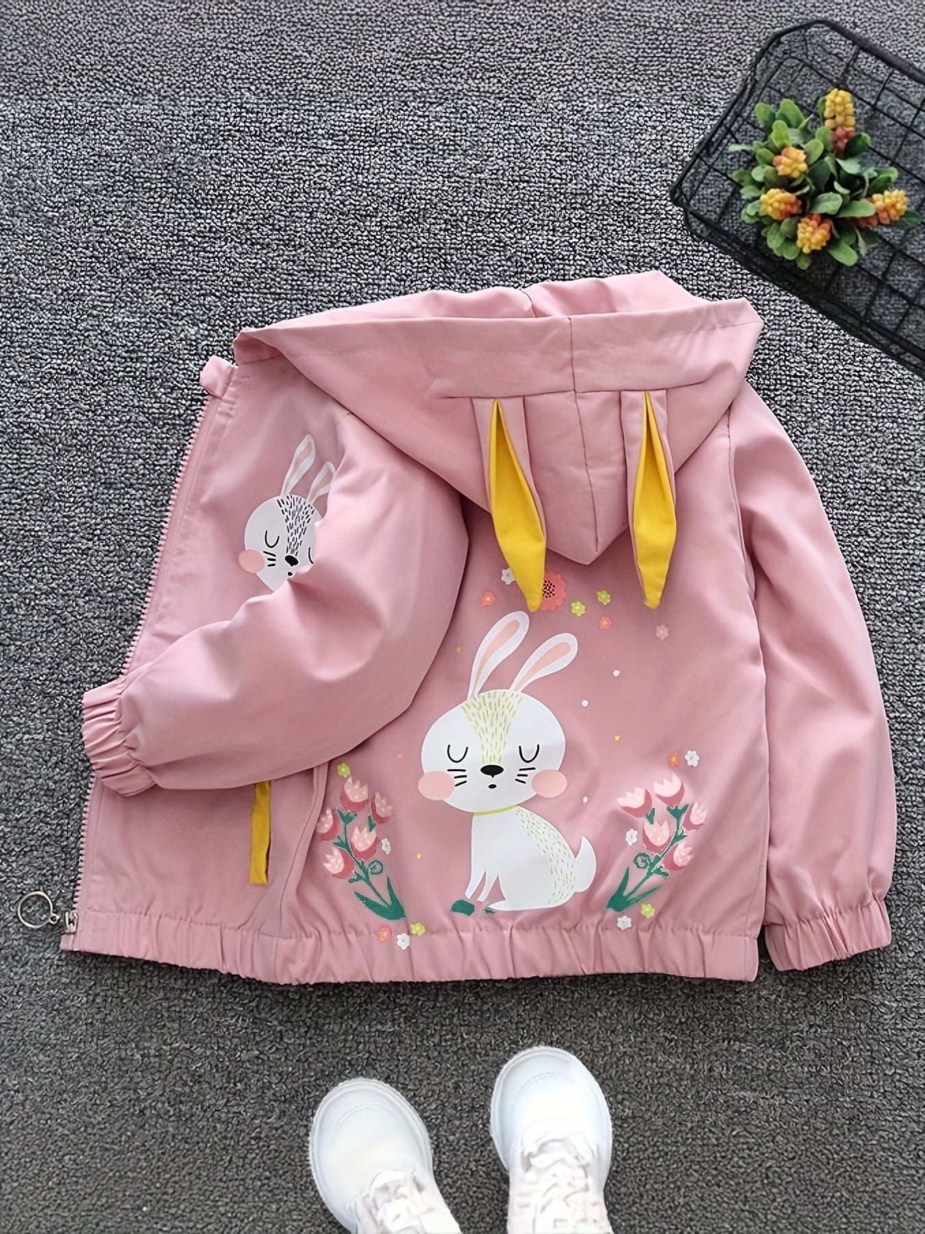 Girls' Yellow Bunny Print Hooded Jacket, Pink Bunny & Floral Accents, Lightweight Spring/Fall Coat, Zip-Up Front, Loose Fit Casual Outerwear for Everyday, Spring Outerwear