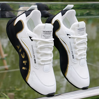 Men'S Fashion Casual Sneakers - Low-Top Lace-Up with Golden Accents, Breathable Fabric Lining & Durable PVC Sole, All-Season Comfort for Outdoor, Daily Wear & Street Style, Outdoor Footwear, Stylish Laceups, Fabric Lined Interior