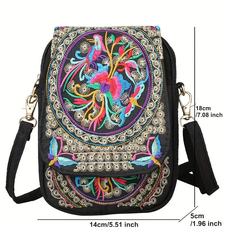 [Embroidered Crossbody Bag] Women's Embroidered Crossbody Bag - Mini Shoulder Bag - Portable Double-Layer Wallet - Phone Pouch