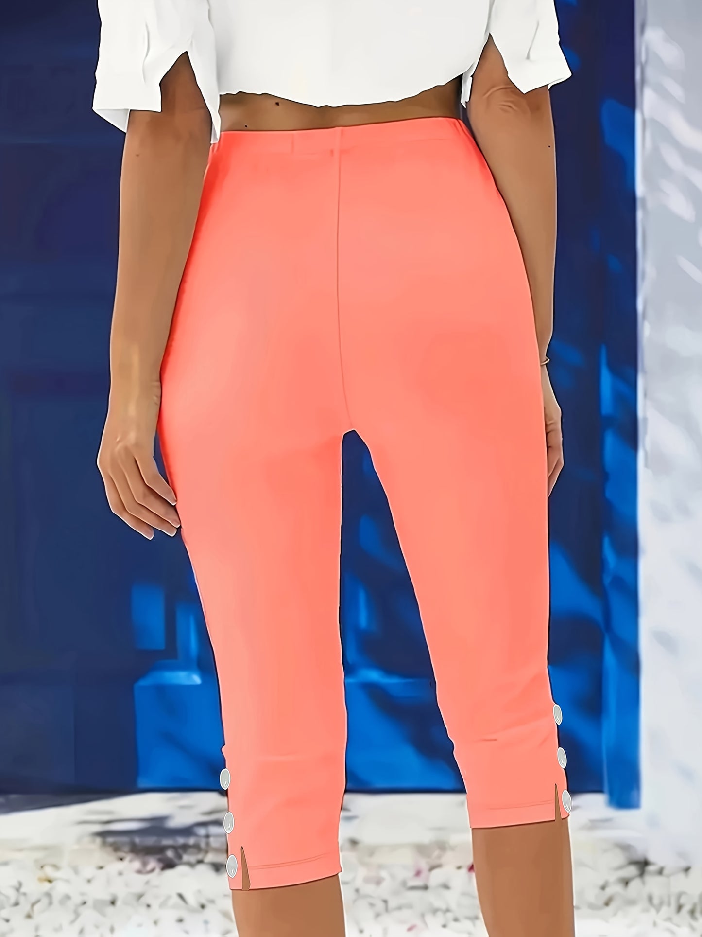 Women's Elegant Solid Color Capri Pants with Elastic Button Design - Machine Washable Non-See-Through Fabric, All-Season Versatile Casual & Formal Wear, Everyday Bottoms, Stylish Capris, Comfortable Fit, Stretchy Bottoms, Office Attire