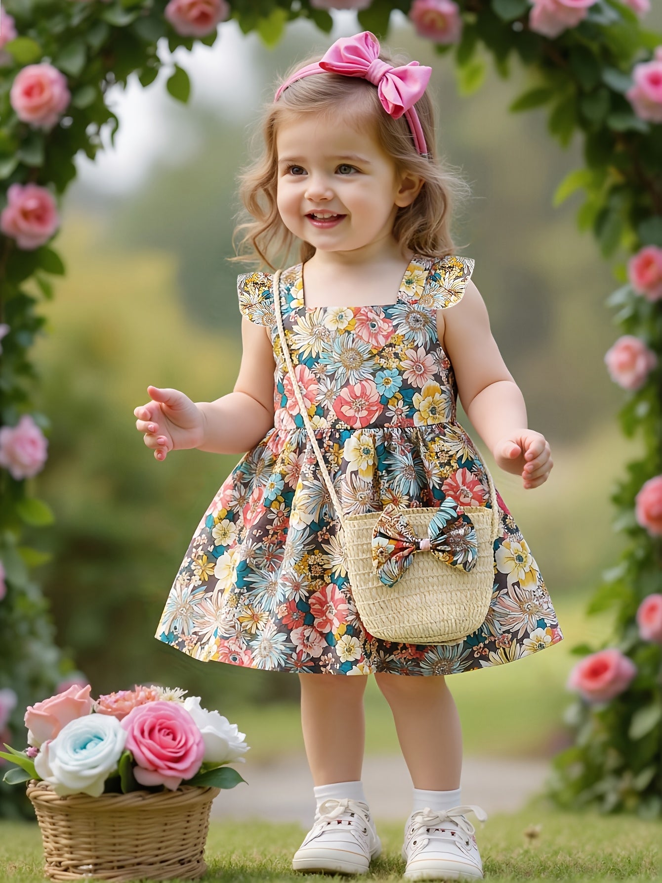 Girl's Floral Print Dress with Woven Straw Bag, Sweet and Cute Outdoor Outfit for Kids and Babies, Birthday and Holiday Gift for Children, Adorable Sweet Style Casual Outerwear for Little Girls, Breathable and Comfortable Stylish Children's Clothing