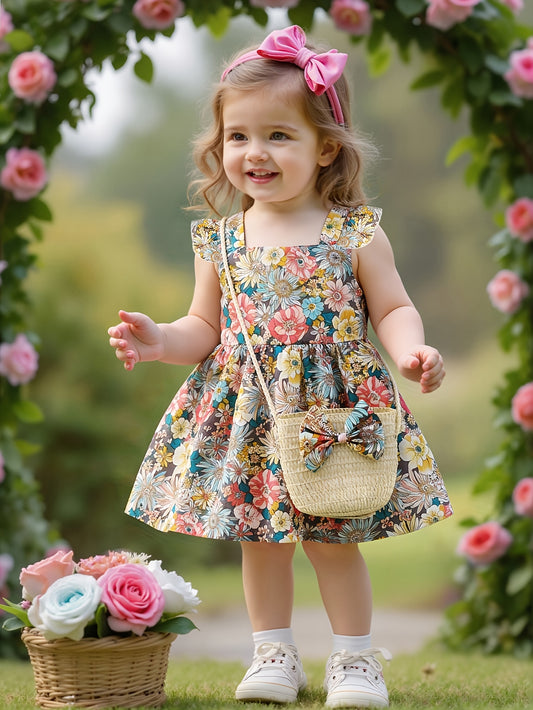 Girl's Floral Print Dress with Woven Straw Bag, Sweet and Cute Outdoor Outfit for Kids and Babies, Birthday and Holiday Gift for Children, Adorable Sweet Style Casual Outerwear for Little Girls, Breathable and Comfortable Stylish Children's Clothing