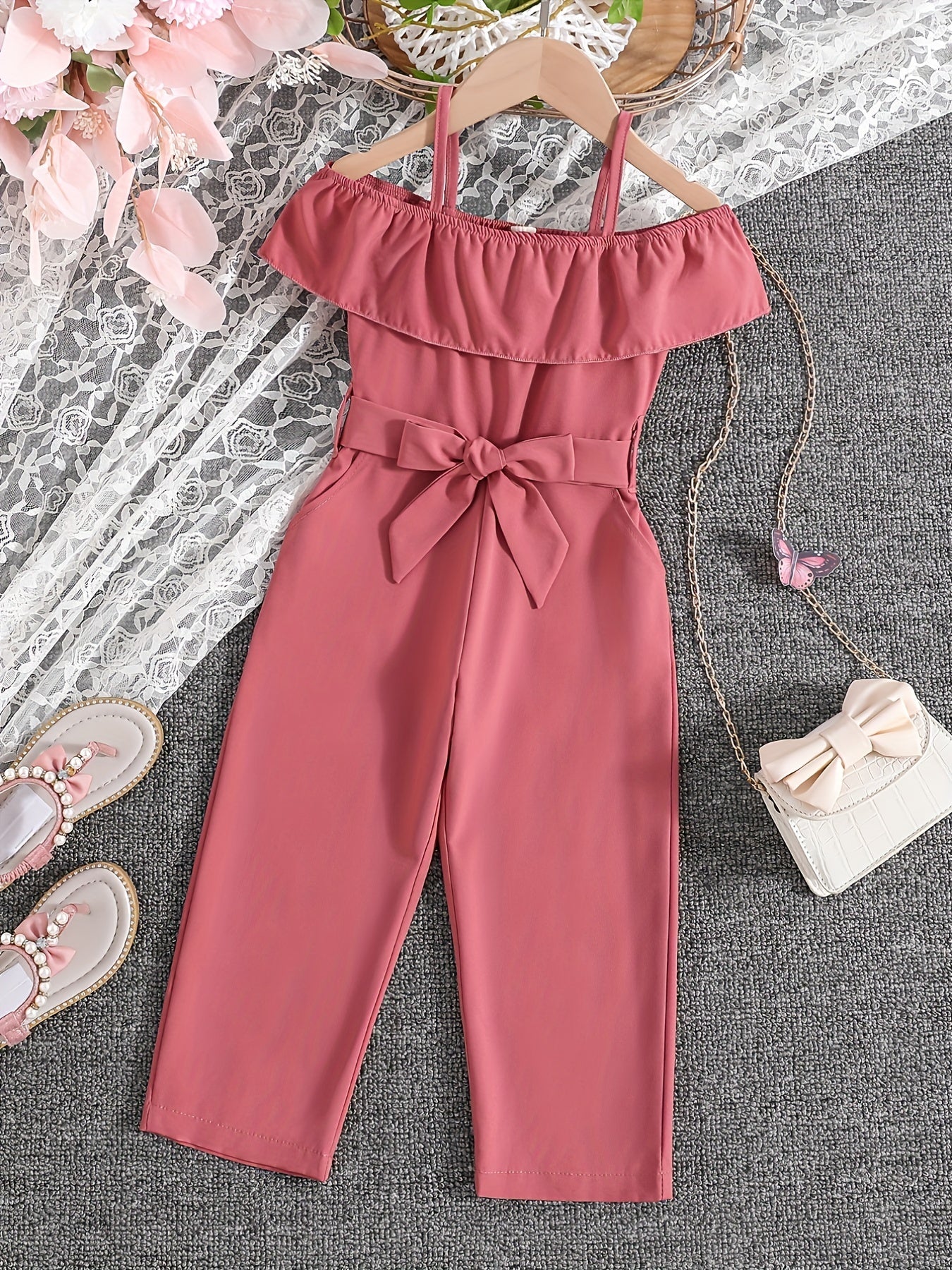 Summer Casual Outings for Girls Featuring a Sleeveless Ruffled Strap Jumpsuit in Solid Color, Complete with a Belt, for Outdoor