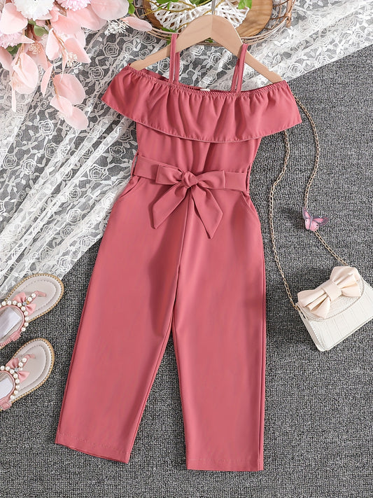 Summer Casual Outings for Girls Featuring a Sleeveless Ruffled Strap Jumpsuit in Solid Color, Complete with a Belt, for Outdoor