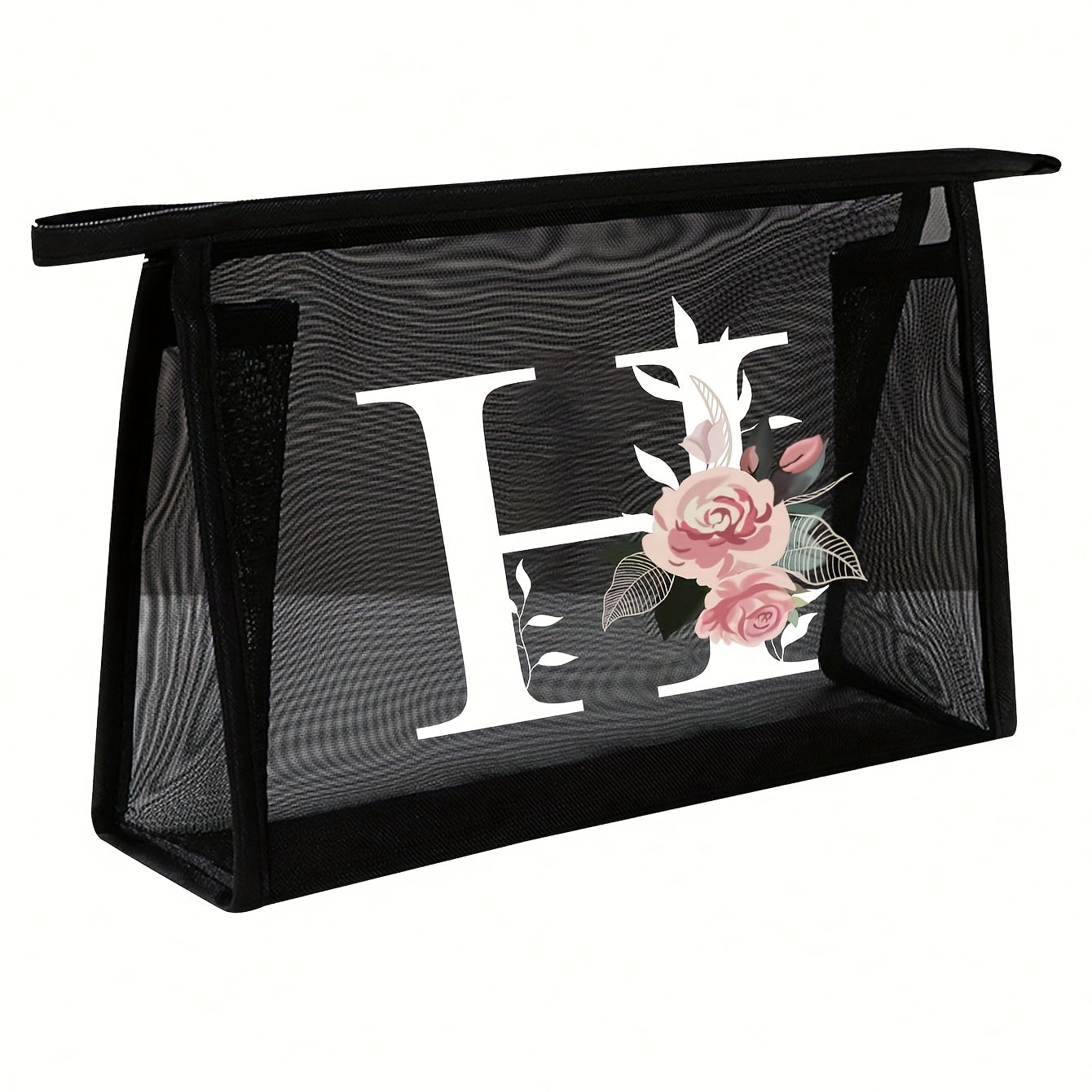 1pc Black Mesh Toiletries Storage Bag | Large Capacity Pink Flowers With White Letters A-Z, Transparent Mesh, Multi-Functional Travel Portable Bag, Lipstick Skin Care Storage, Easy And High-End, Jewelry Storage, Foldable And Lightweight