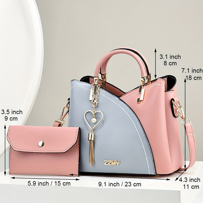 2pcs Set Fashion Colorblock Tote Bag with Shoulder Strap & Matching Clutch, Women's Elegant Handbag And Crossbody Purse Combo