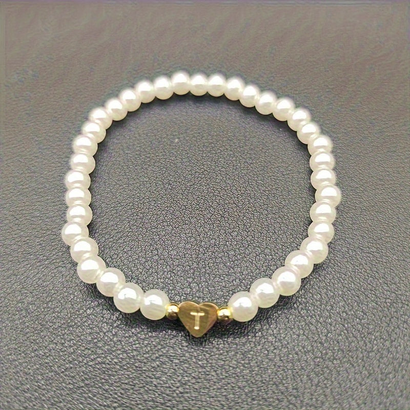 Hot Classic A-Z Heart Lnitial Letter Bracelet Women Temperament Lmitation Imitation Pearl Bead Bracelet for Women Jewelry Gift