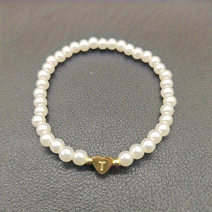 Hot Classic A-Z Heart Lnitial Letter Bracelet Women Temperament Lmitation Imitation Pearl Bead Bracelet for Women Jewelry Gift