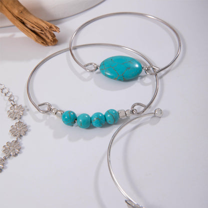 Fashionable Vintage Green Artificial Turquoise Inlaid Jewelry Set, a Unique And Versatile Ethnic Style Five-Piece Bracelet And Bangle Set for Women Featuring Flowers And Feathers