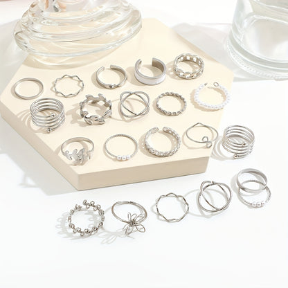 21pcs Olive Branch & Minimalist Flower Rings - Uncoated Olive Branch & Small Round//Square Bands for, Daily Wear & Resort, Year-Round Versatile (21-Ring Set)