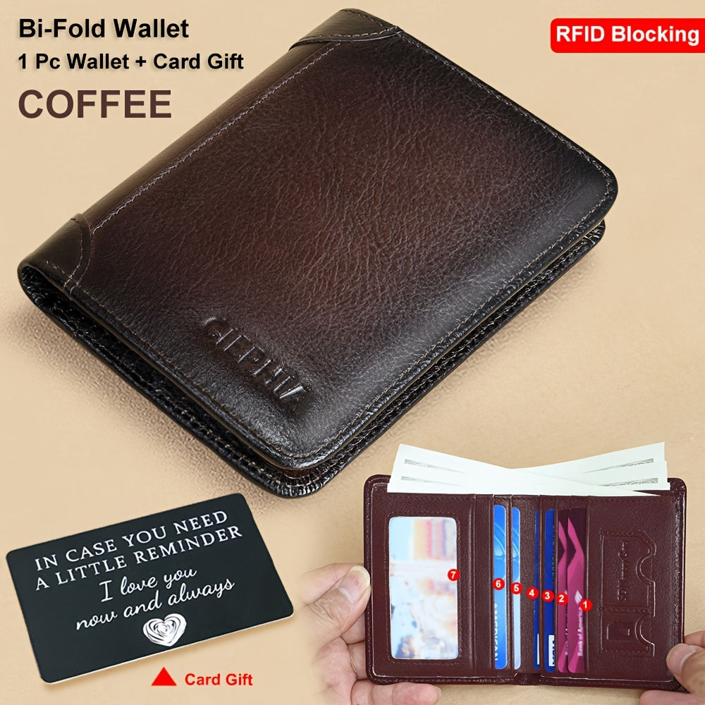 Genuine Leather Men's Wallet with Blessing Card Set, RFID Blocking, Ultra-Thin, Top-Grain Cowhide, Compact Multi-Function ID and Credit Card Holder, Christmas Valentine's Day Father's Day Gift