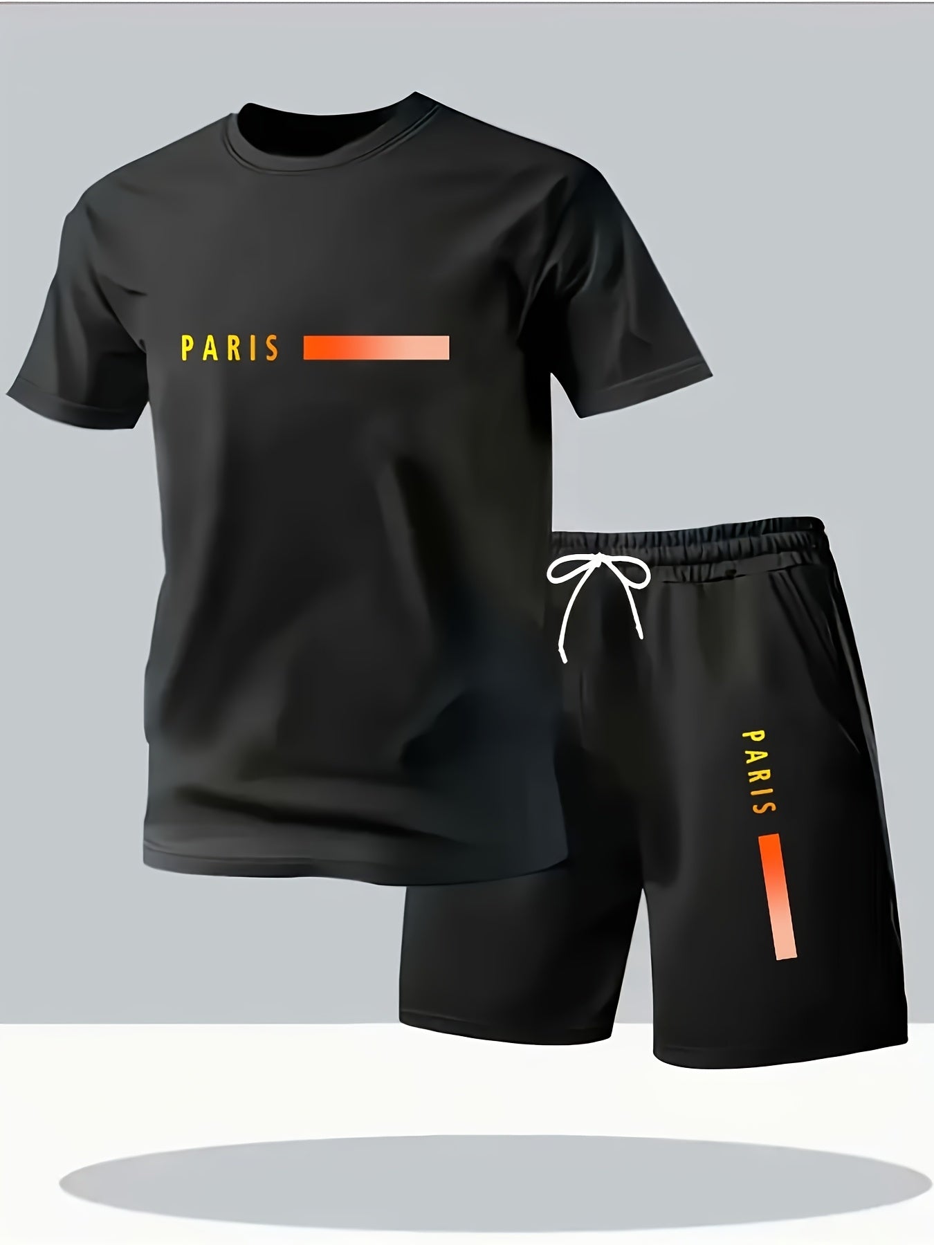 Men's fashion gradient letter print Men's two-piece set: round-neck short-sleeved T-shirt and drawstring shorts summer casual sportswear