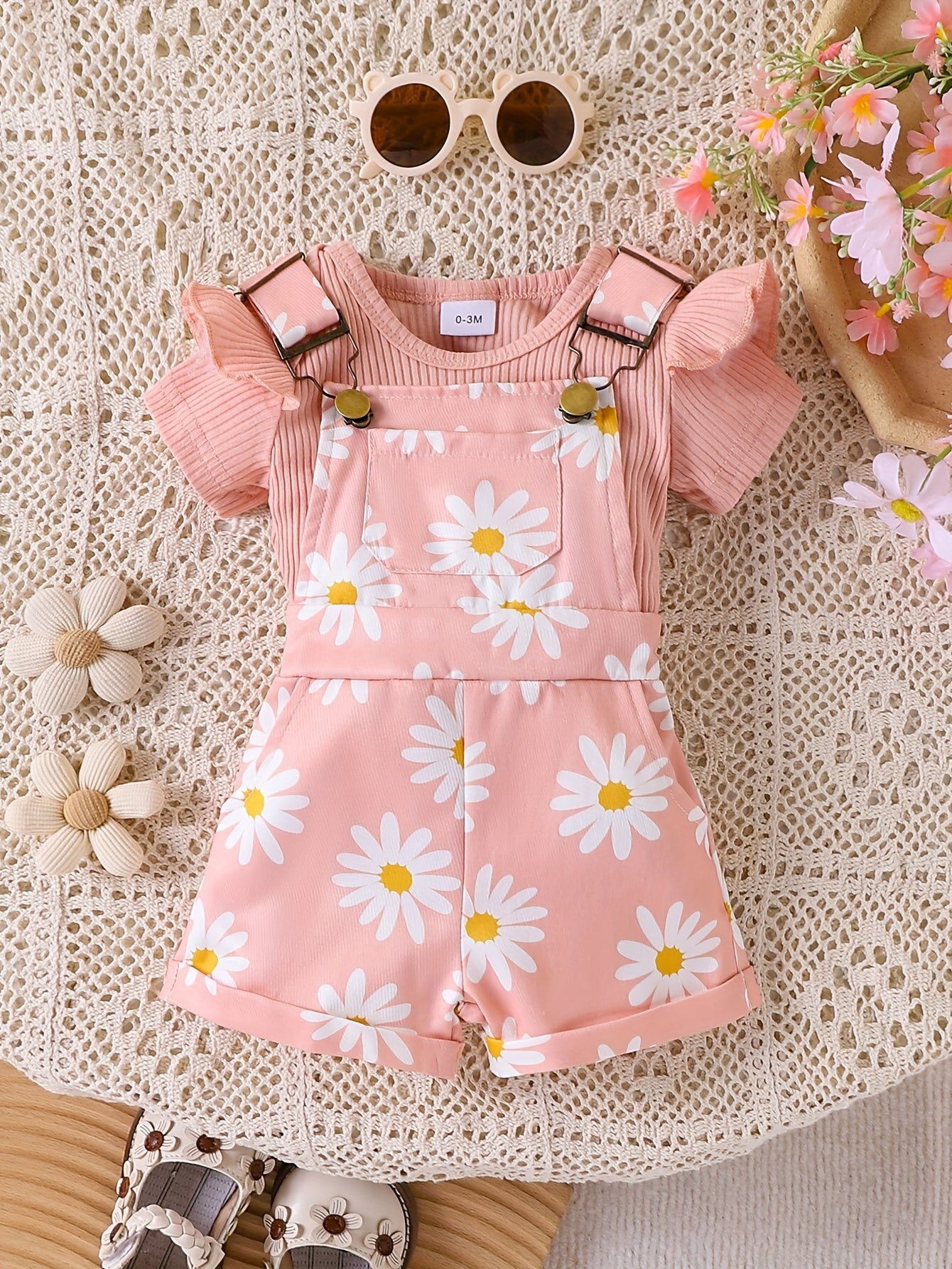 Baby Girl Two-Piece Set | Pink Floral Print Romper with Pockets and Ruffle Trim Top | Cute and Practical for Newborns, for Outdoor