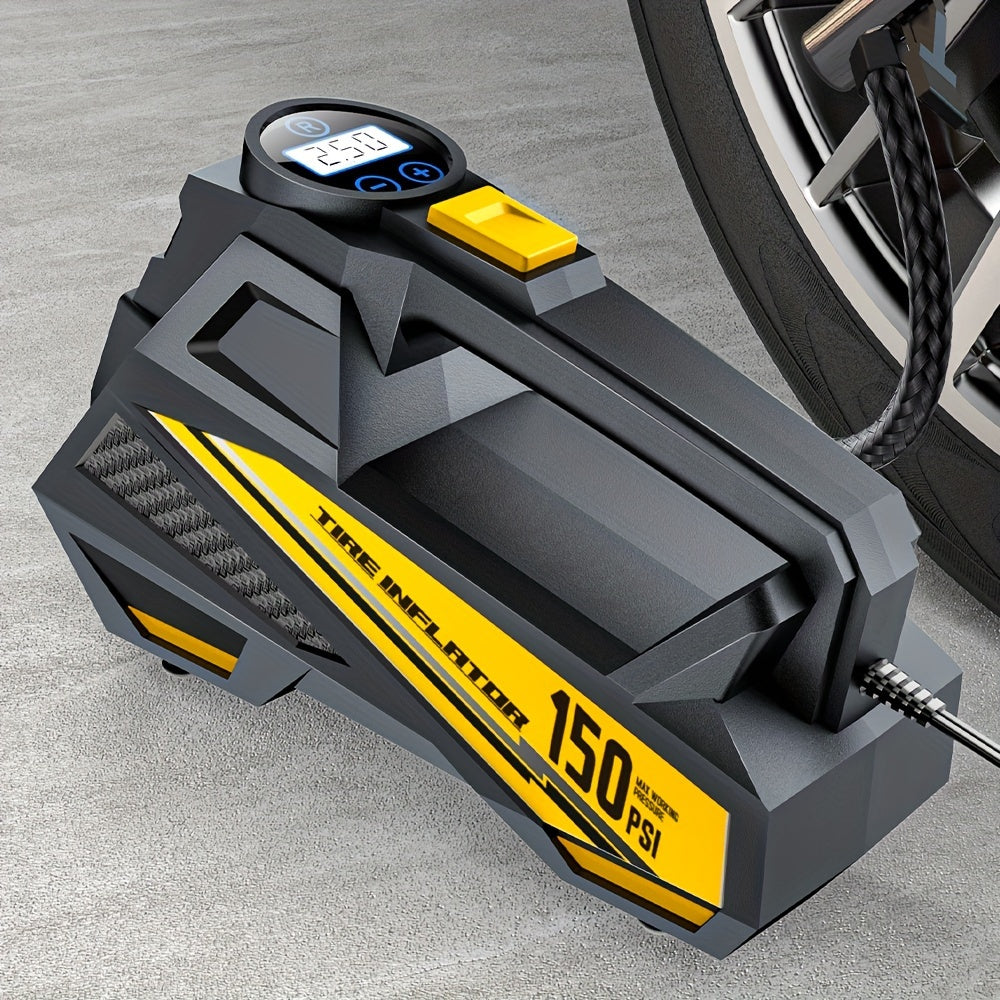 The Carsun Digital Tire Inflator Is a Portable Air Compressor Pump with an LED Light, Suitable for Cars, Motorcycles, And Bicycles - DC 12V, 150 PSI. It Features a Black And Yellow Design, Operates with a Plug-In Power Source