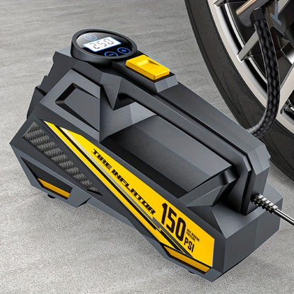 The Carsun Digital Tire Inflator Is a Portable Air Compressor Pump with an LED Light, Suitable for Cars, Motorcycles, And Bicycles - DC 12V, 150 PSI. It Features a Black And Yellow Design, Operates with a Plug-In Power Source