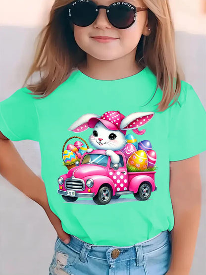 Girls' Easter Bunny Driving with Eggs Short Sleeve T-Shirt - Cute & EASTER Lettering Spring Summer Casual Round Neck Blouse for Easter Egg Hunt Outfits NY-DX5447
