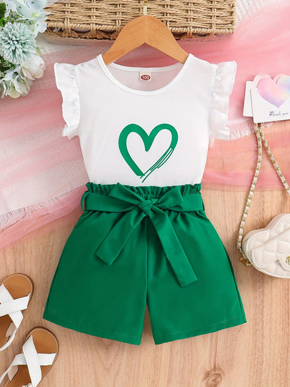 Summer Casual Girls Set/Round Neck Sleeveless Top/Solid Color Shorts with Belt/Perfect for Outdoor Activities, Casual Attire, Summer Outfit, Summer Fashion
