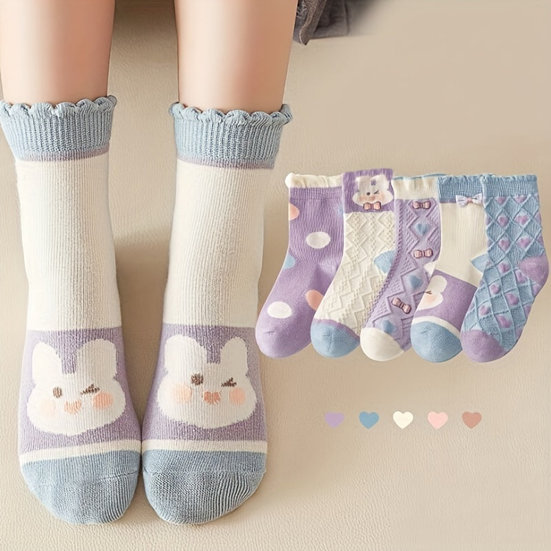 [Easter Gift]5 Pairs Girl's Polka Dot Rabbit Cute Pattern Socks, Breathable Comfy Crew Socks, Children's Trendy Summer Spring Socks