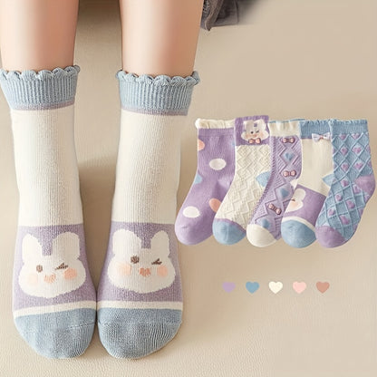 [Easter Gift]5 Pairs Girl's Polka Dot Rabbit Cute Pattern Socks, Breathable Comfy Crew Socks, Children's Trendy Summer Spring Socks