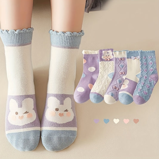 [Easter Gift]5 Pairs Girl's Polka Dot Rabbit Cute Pattern Socks, Breathable Comfy Crew Socks, Children's Trendy Summer Spring Socks