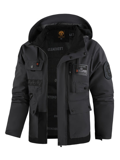 Men's Spring Autumn New Hooded Thin Jacket Men's Outdoor Warm Storm Jacket Men's Casual Multi-Pocket Cargo Jacket Men's Hat Detachable Zipper Jacket Men's Color Insertion Jacket