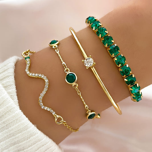 Set of 4 Elegant And Sexy Green Faux Gemstone Rhinestone Claw Chain Snake-Shaped Bracelets with Open Bangles