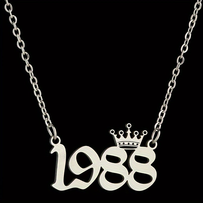 1 Elegant and Stylish Stainless Steel Polished Year Number Necklace, Unique Date Birthday Crown Pendant Necklace Gift for 1980-2024, Versatile Casual Attire Collarbone Chain Holiday Present