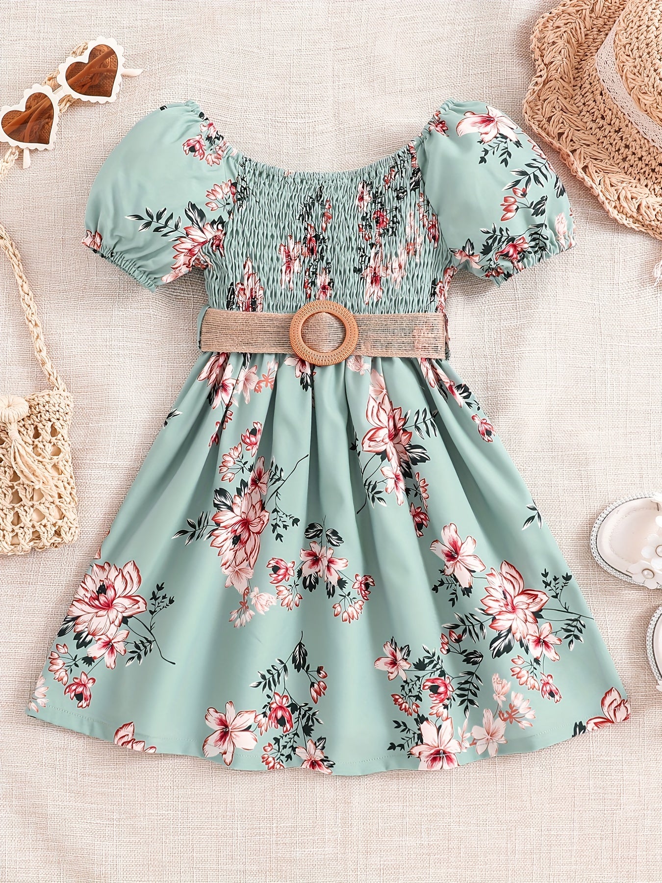 Summer Casual Dress for Girls Featuring a Stylish Floral Print, Knee-Length, with a Loose Fit And Gathered Design
