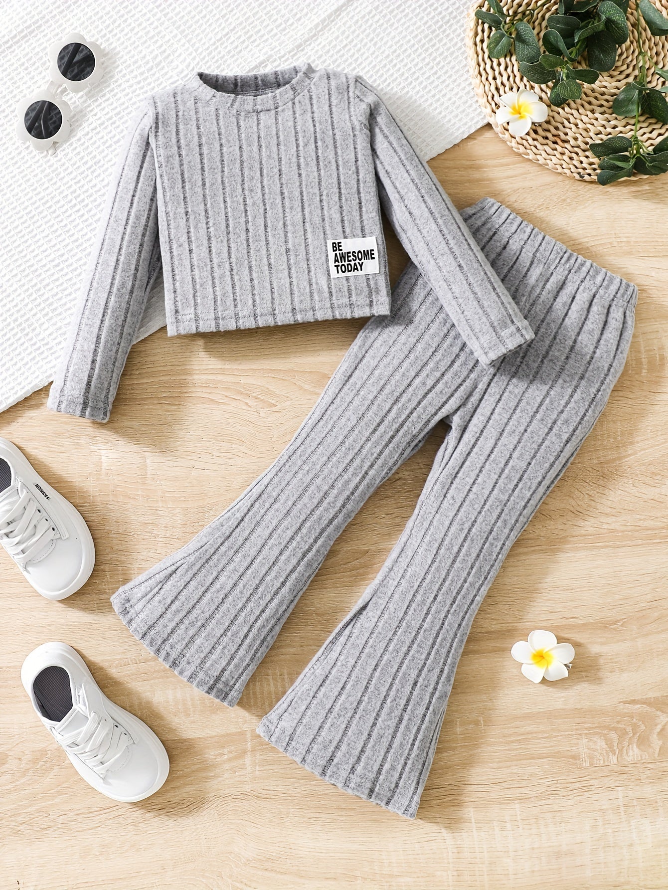 Young Girl Letter Collage Detail T-Shirt And Flared Pants, for Outdoor