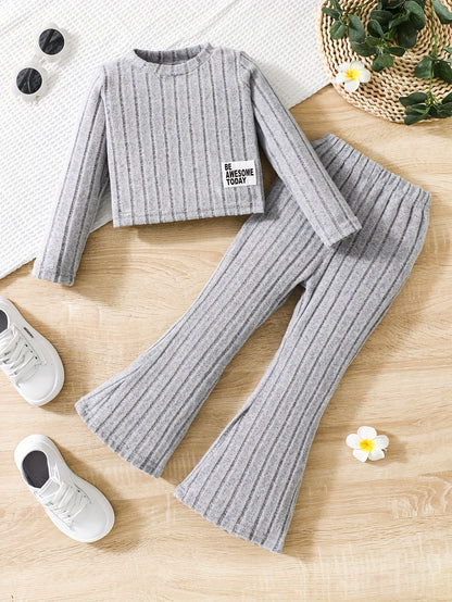 Young Girl Letter Collage Detail T-Shirt And Flared Pants, for Outdoor