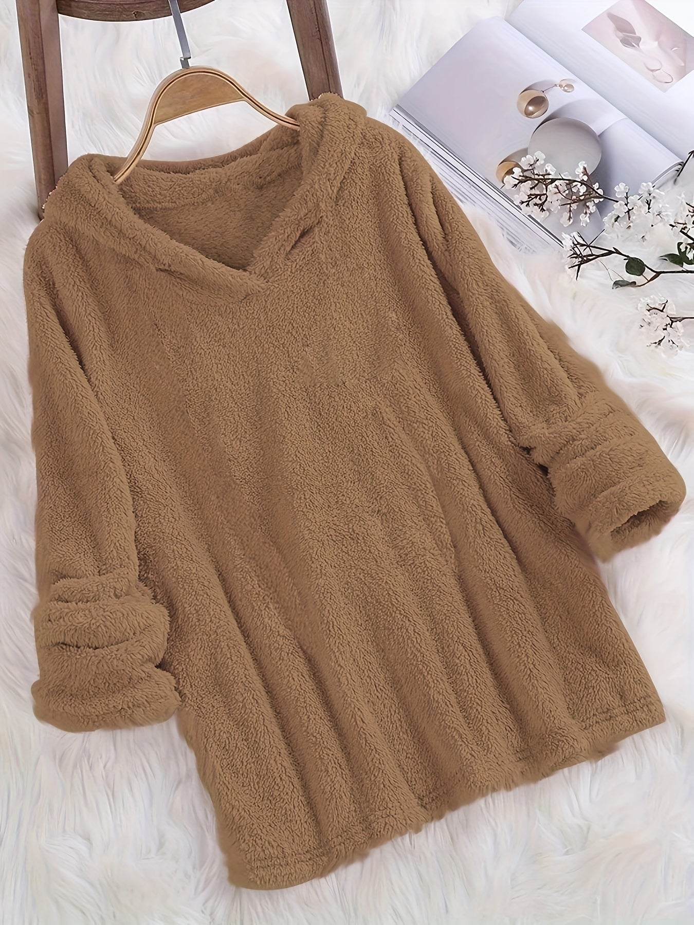 Fashion Women's Standard Size Fuzzy Pullover Solid Color Hoodie