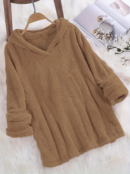 Fashion Women's Standard Size Fuzzy Pullover Solid Color Hoodie