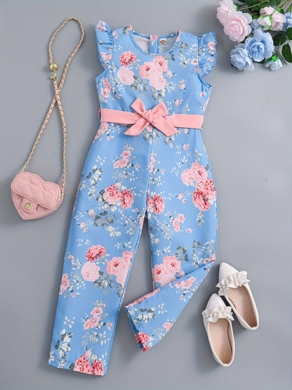 Girls' Casual Jumpsuit, Sleeveless Round Neck with Floral Print, Back Zipper Design with Belt, Perfect for Outdoor Activities, Summer Fashion