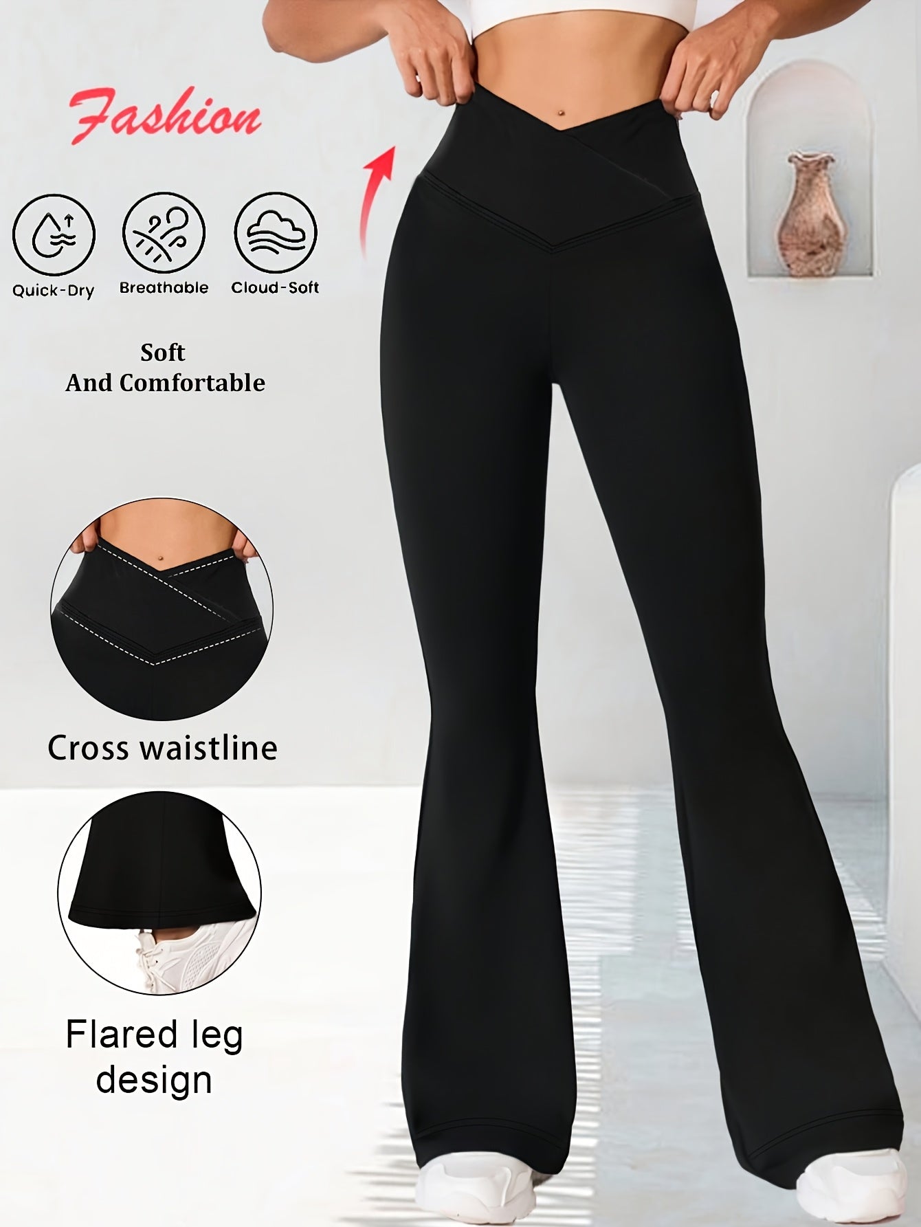 Women's High-Waisted Flared Pants with Belly Button Control - Tummy Management Leggings, Non-See-Through Stretchy Pants for Workouts, Casual & Formal Outfits - All-Season Slim Fit Bottoms