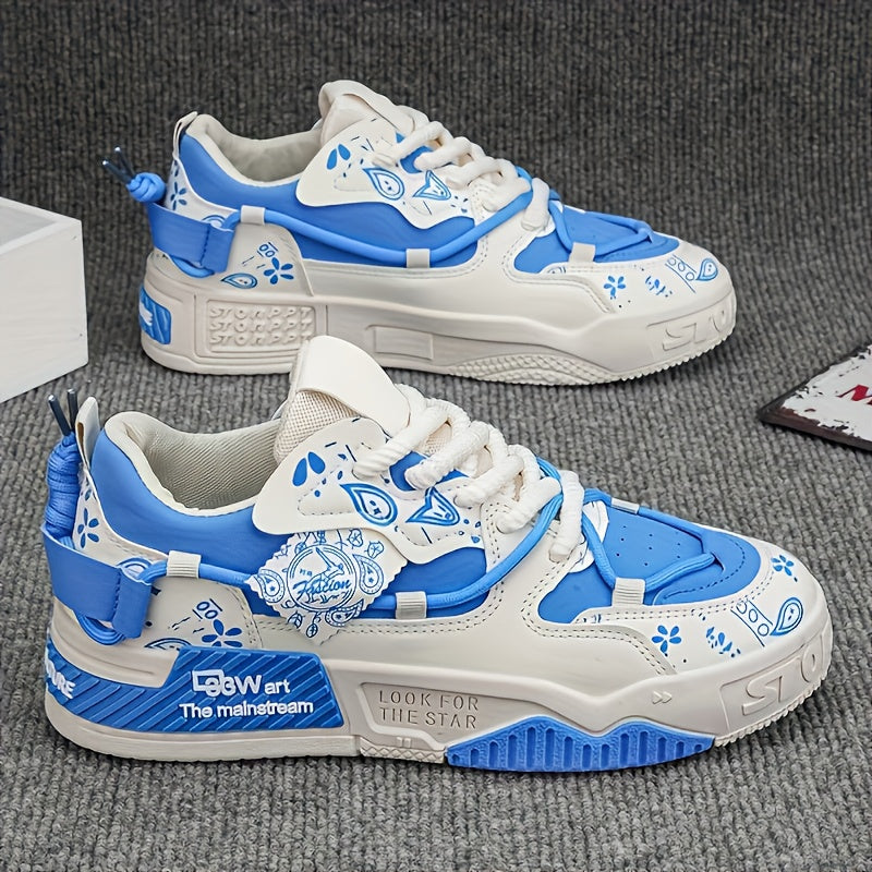 1 Pair Men's & Unisex Low-Top Skate Sneakers - Soft-Soled, Graffiti Camo & Letter Print (TPF/ST) Logo - PU Upper & Cushioned Tread - All-Season Casual Shoes for Skateboarding, College, Commuting - Black/Blue/Green