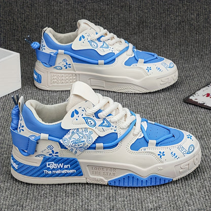 1 Pair Men's & Unisex Low-Top Skate Sneakers - Soft-Soled, Graffiti Camo & Letter Print (TPF/ST) Logo - PU Upper & Cushioned Tread - All-Season Casual Shoes for Skateboarding, College, Commuting - Black/Blue/Green