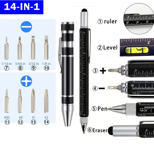Black 14-in-1 Multifunctional Screwdriver Tool - Includes 1.0mm Ballpoint Pen, Ruler, Stylus, Level, Screwdriver, and Fountain Pen Tools, Men's Gift for Christmas, Home Repair Kit, Electronic Device Maintenance Tool, Birthday Present