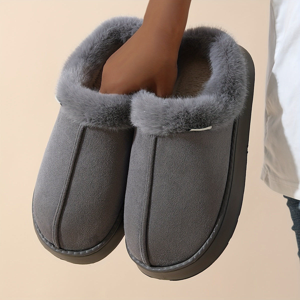 Fashionable And Elegant Short-Haired Plush Warm Thick-Soled EVA Slippers with a Color-Matched Sole., Women Shoes
